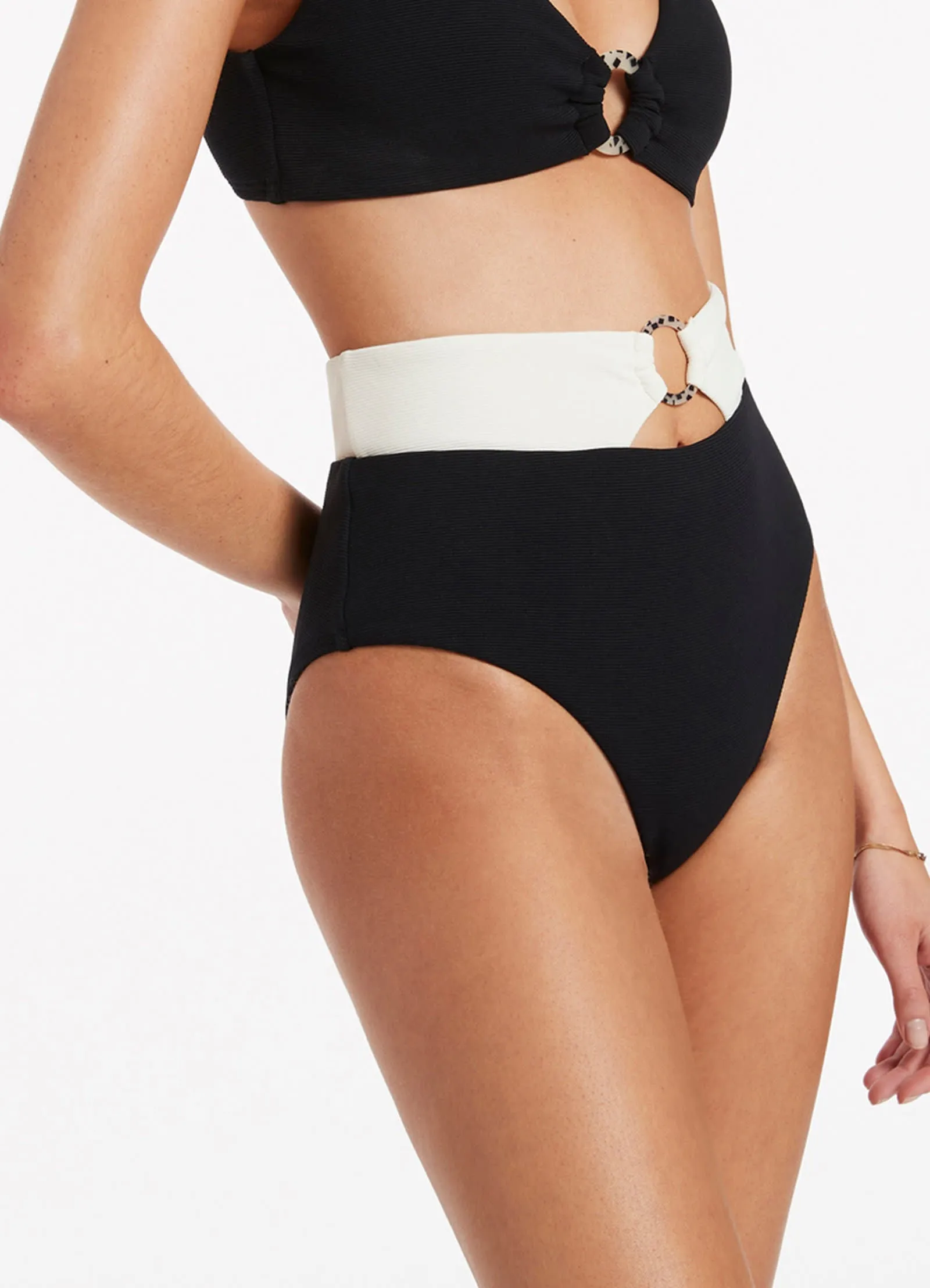 Versa Rib High Waist Bikini Bottom - Black/Cream