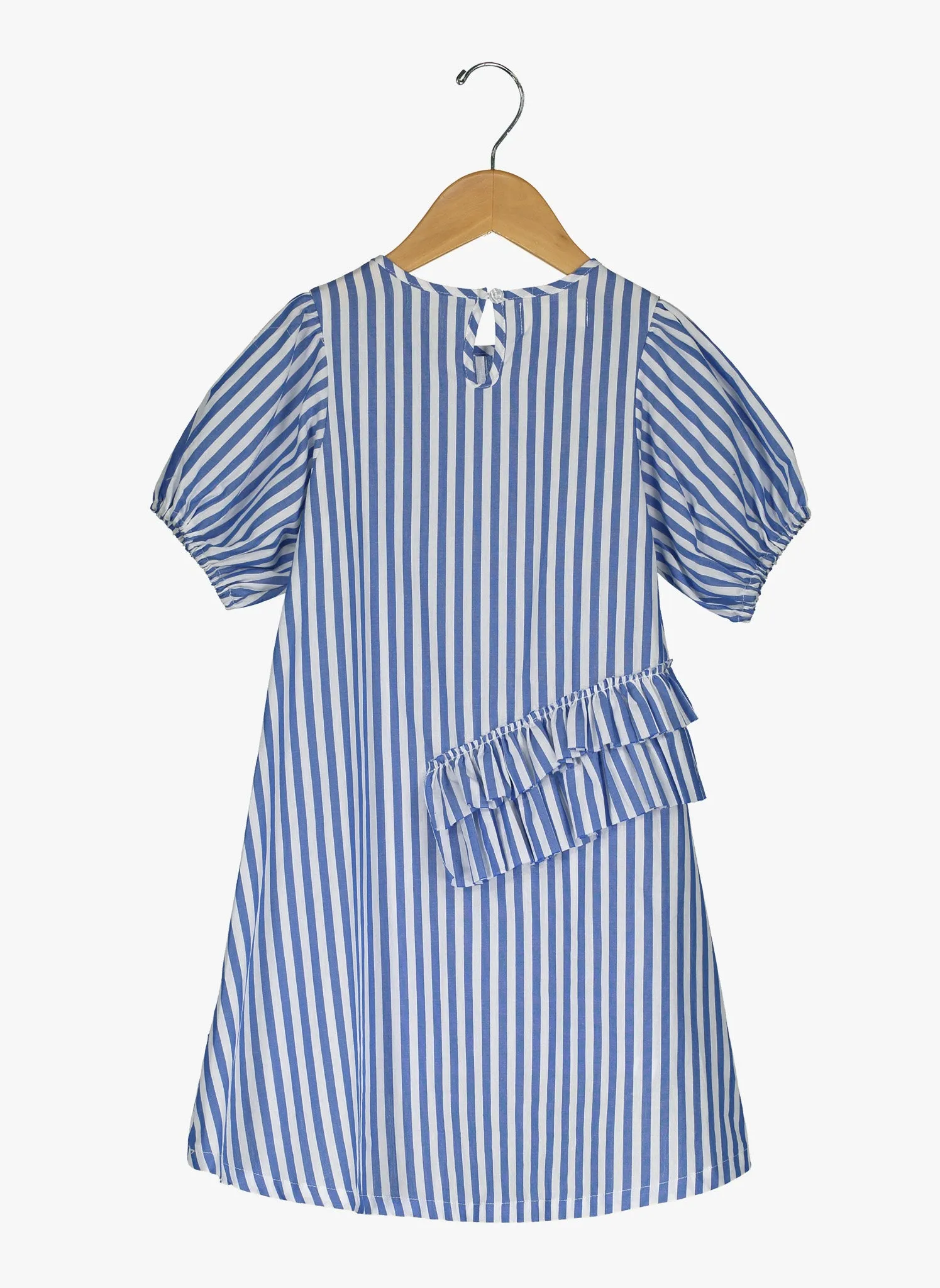 Vierra Rose Abella Ruffle Neckline Dress in Blue and White Stripes