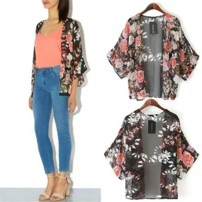 Vintage Retro Floral Women Jacket Coat Loose Shawl Kimono Boho Chiffon Cardigan Half Sleeve Blouse Coat Jacket