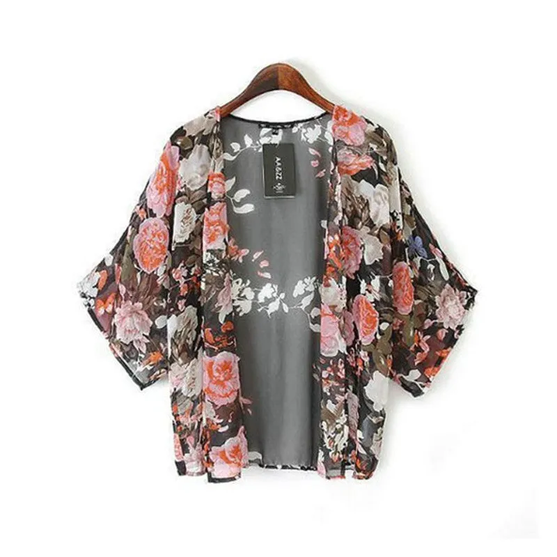 Vintage Retro Floral Women Jacket Coat Loose Shawl Kimono Boho Chiffon Cardigan Half Sleeve Blouse Coat Jacket