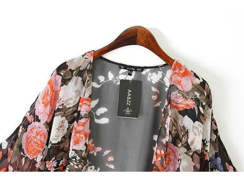 Vintage Retro Floral Women Jacket Coat Loose Shawl Kimono Boho Chiffon Cardigan Half Sleeve Blouse Coat Jacket