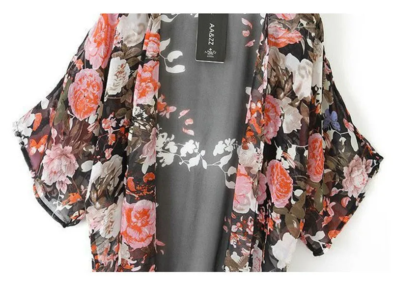 Vintage Retro Floral Women Jacket Coat Loose Shawl Kimono Boho Chiffon Cardigan Half Sleeve Blouse Coat Jacket