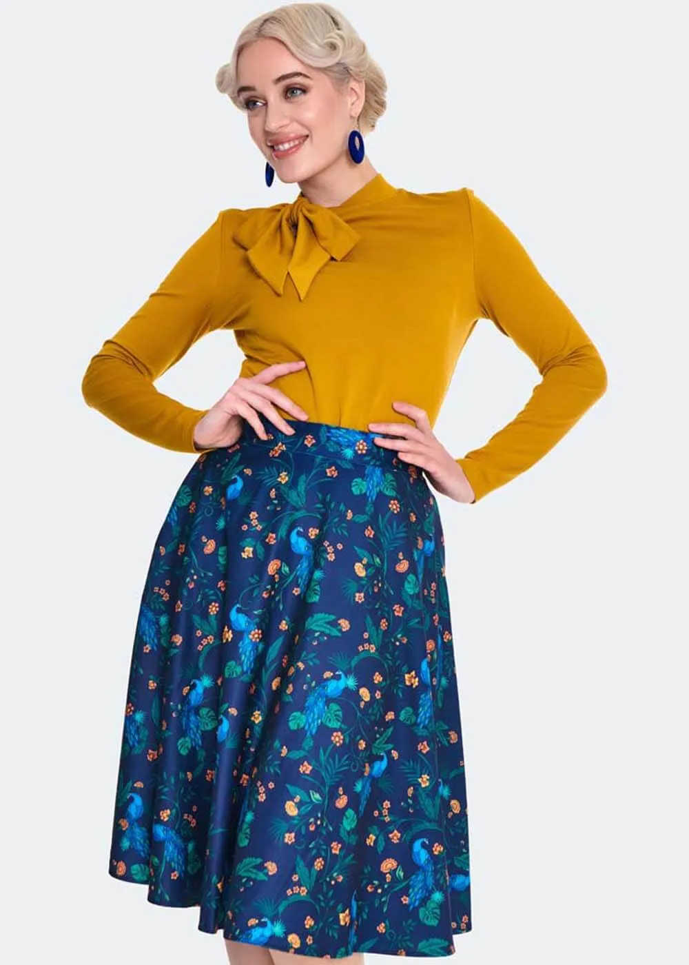 Voodoo Vixen Peacock Floral 40's Flare Skirt Blue