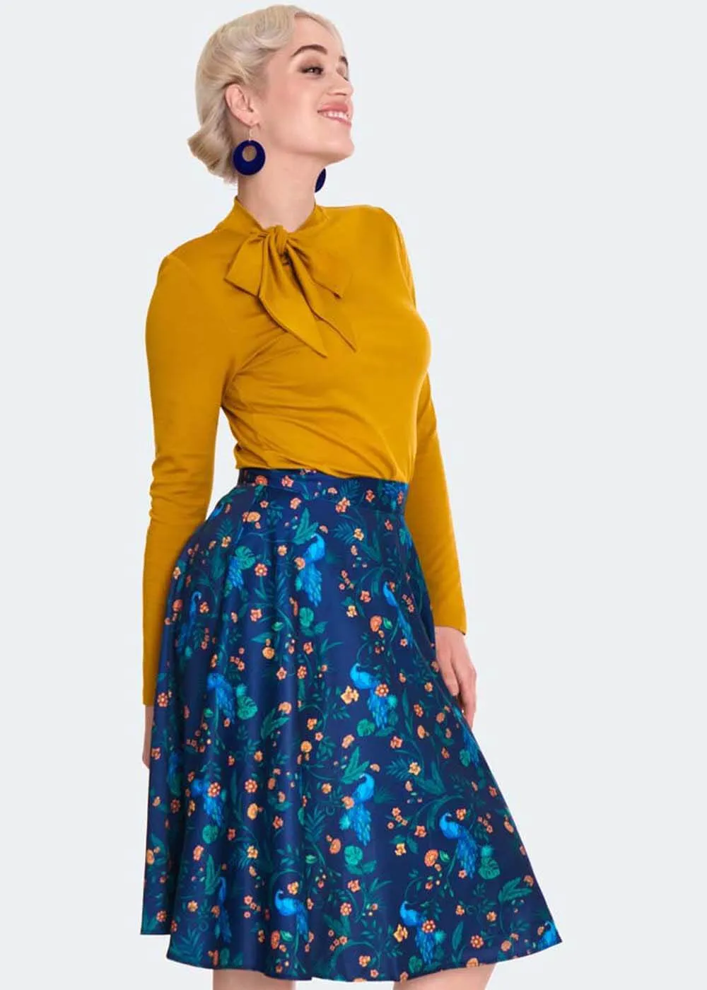 Voodoo Vixen Peacock Floral 40's Flare Skirt Blue