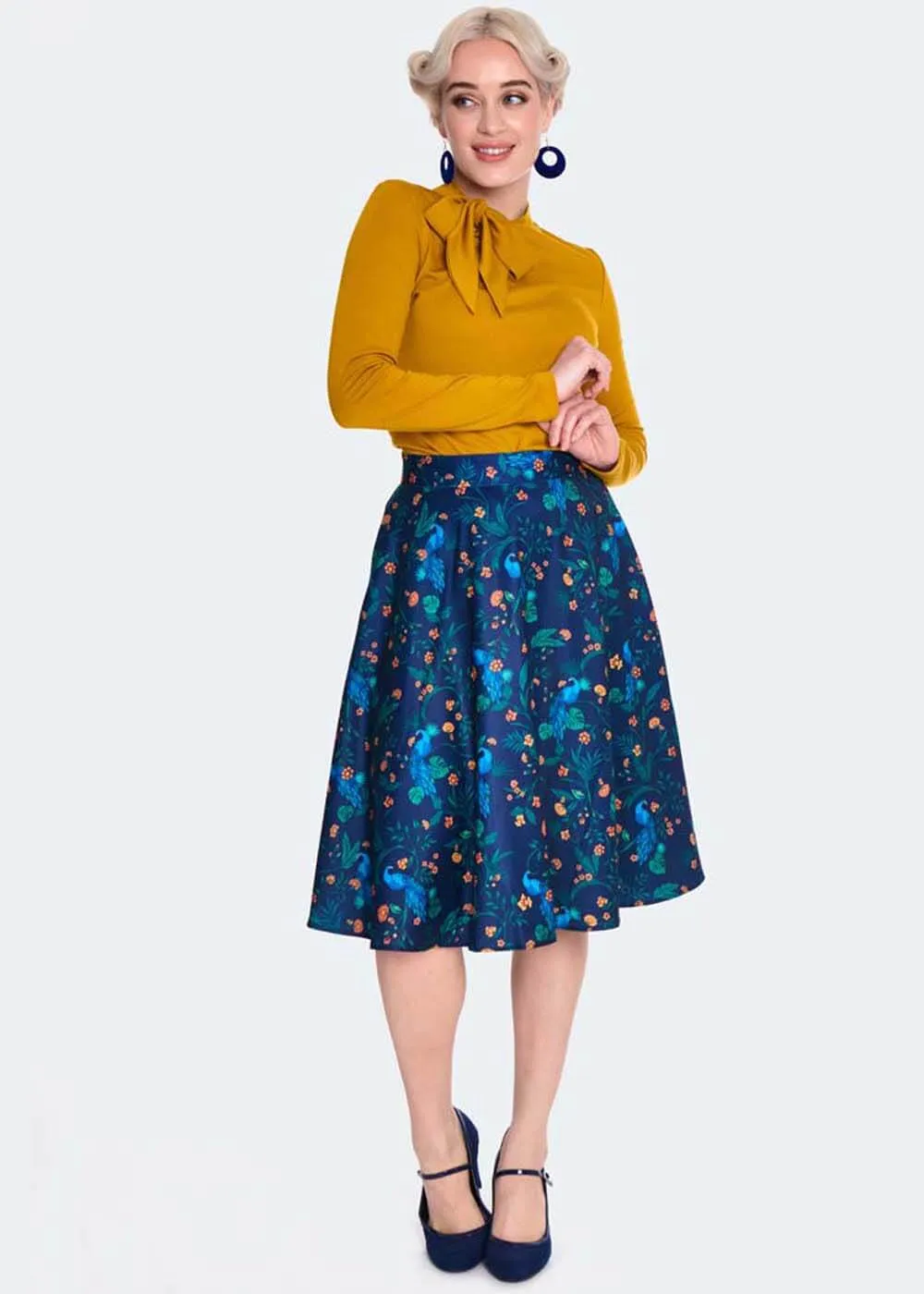 Voodoo Vixen Peacock Floral 40's Flare Skirt Blue