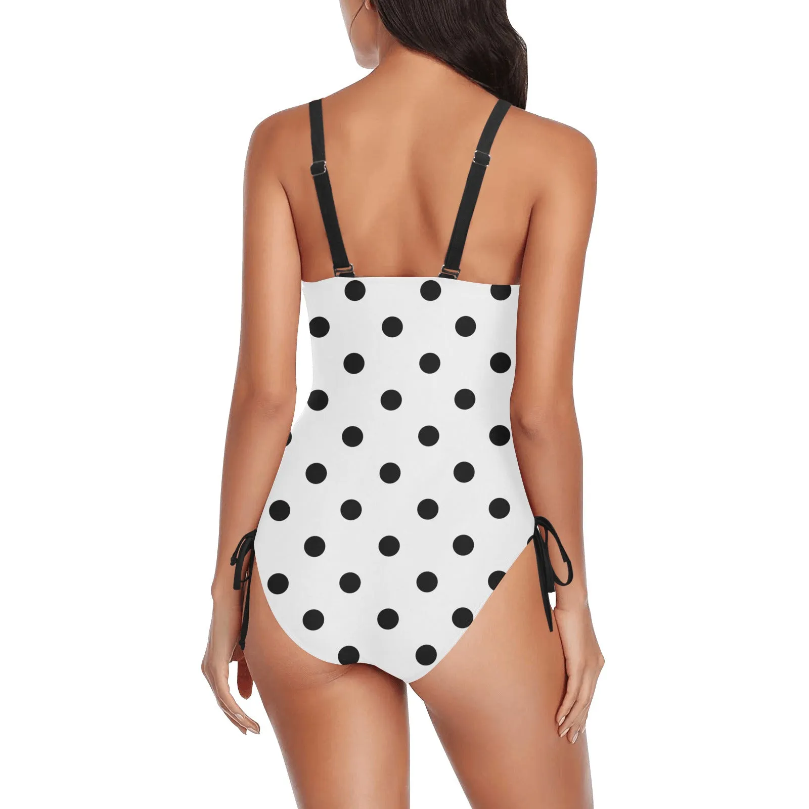 White With Black Polka Dots Drawstring Side Women's One-Piece Swimsuit