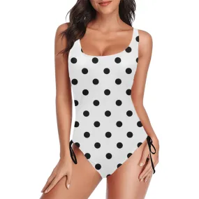 White With Black Polka Dots Drawstring Side Women's One-Piece Swimsuit