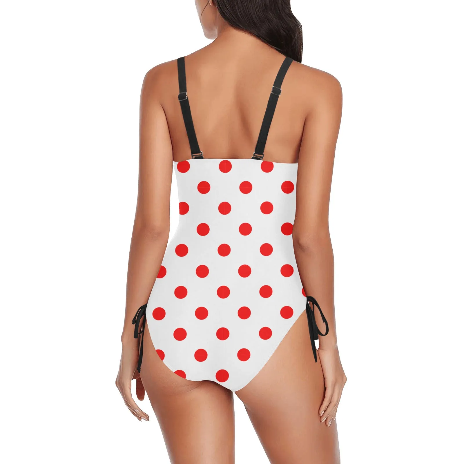 White With Red Polka Dots Drawstring Side Women's One-Piece Swimsuit