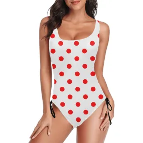 White With Red Polka Dots Drawstring Side Women's One-Piece Swimsuit