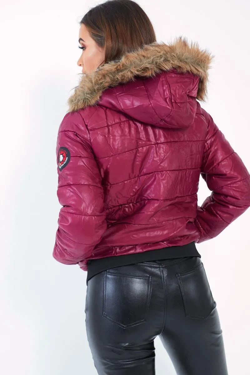 Wine Faux Fur Hooded Puffer Coat - Kamorah