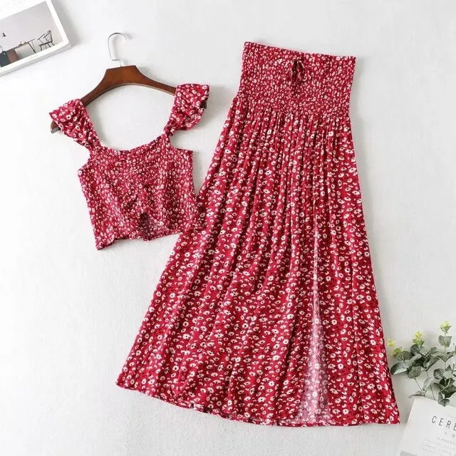 Women Two Piece Sets 2022 Summer Bohemian Floral Skirts Sets Sleeveless Tank Crop Tops + Split Maxi Skirt 2Pcs Sets Harajuku