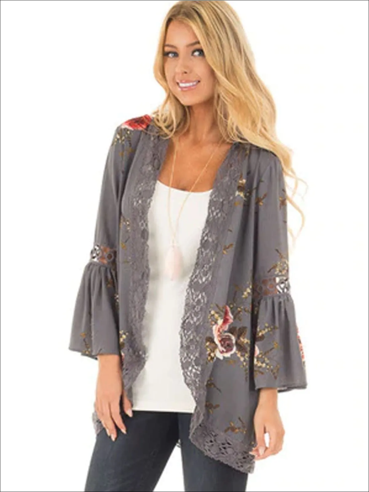 Women's Flare Sleeve Floral Kimono With Embroidery Detail