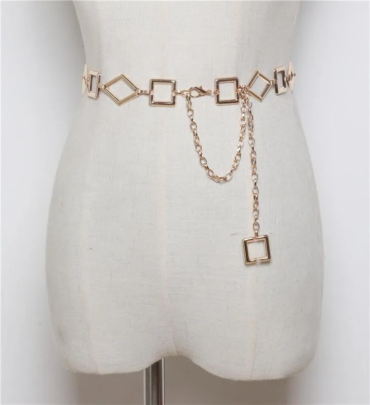 Women's Gold Geometric Metal Tassel Beads Long Pendant Chain Belt Strap