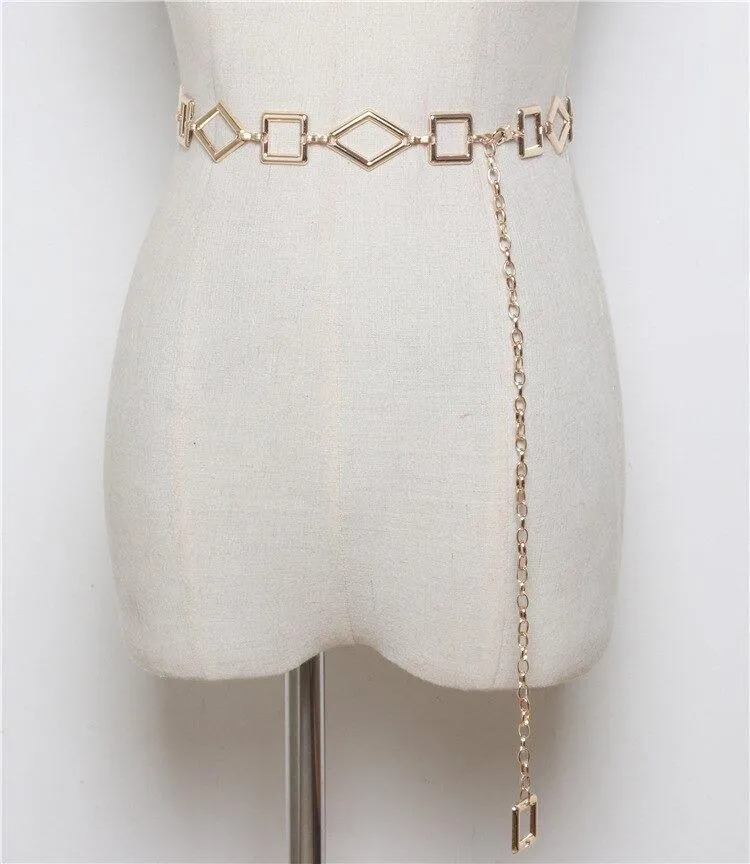 Women's Gold Geometric Metal Tassel Beads Long Pendant Chain Belt Strap