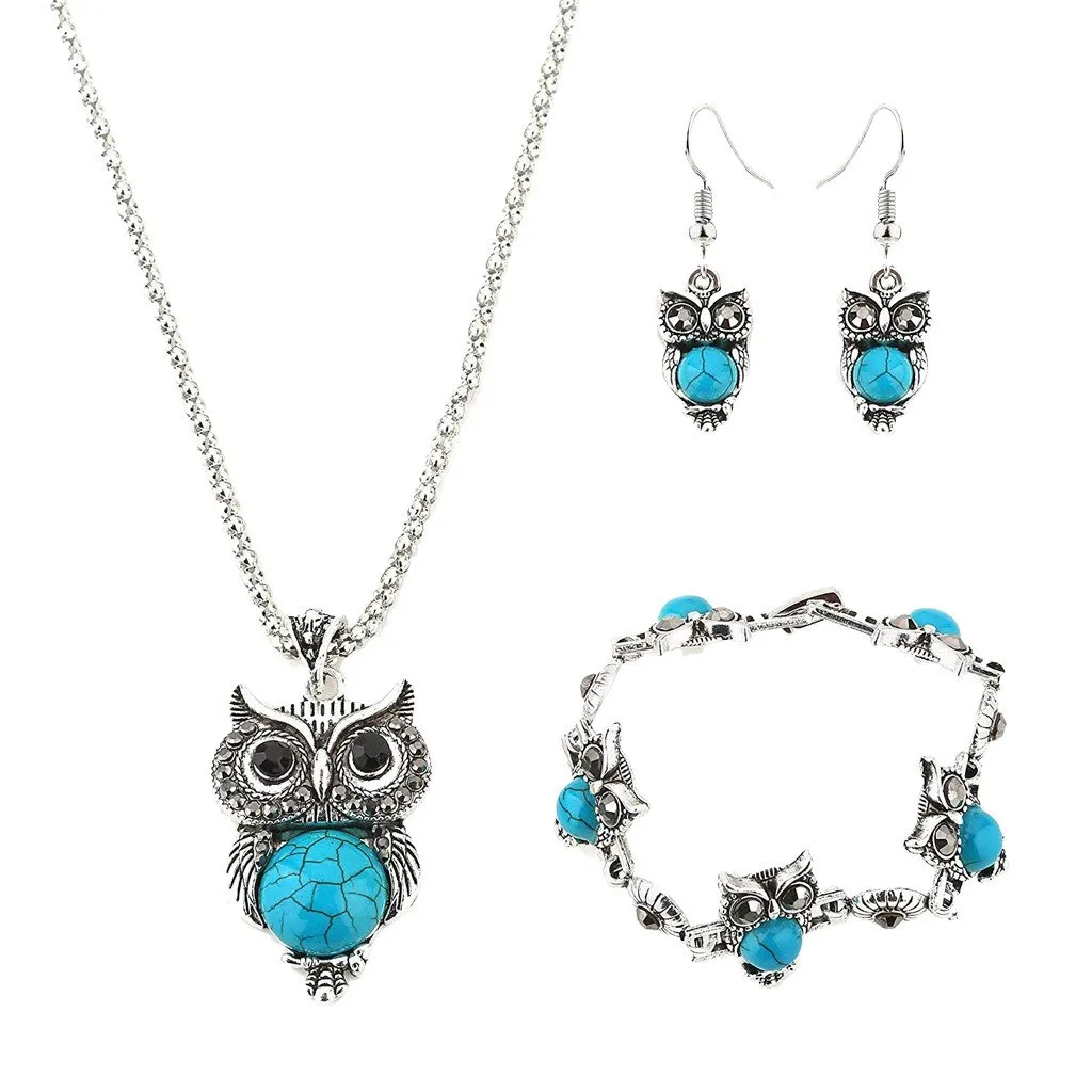 Women's Retro Style Owl Bracelet Necklace Earrings Jewelry Sets