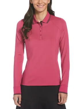 Womens Solid Long Sleeve Polo with Ribbing