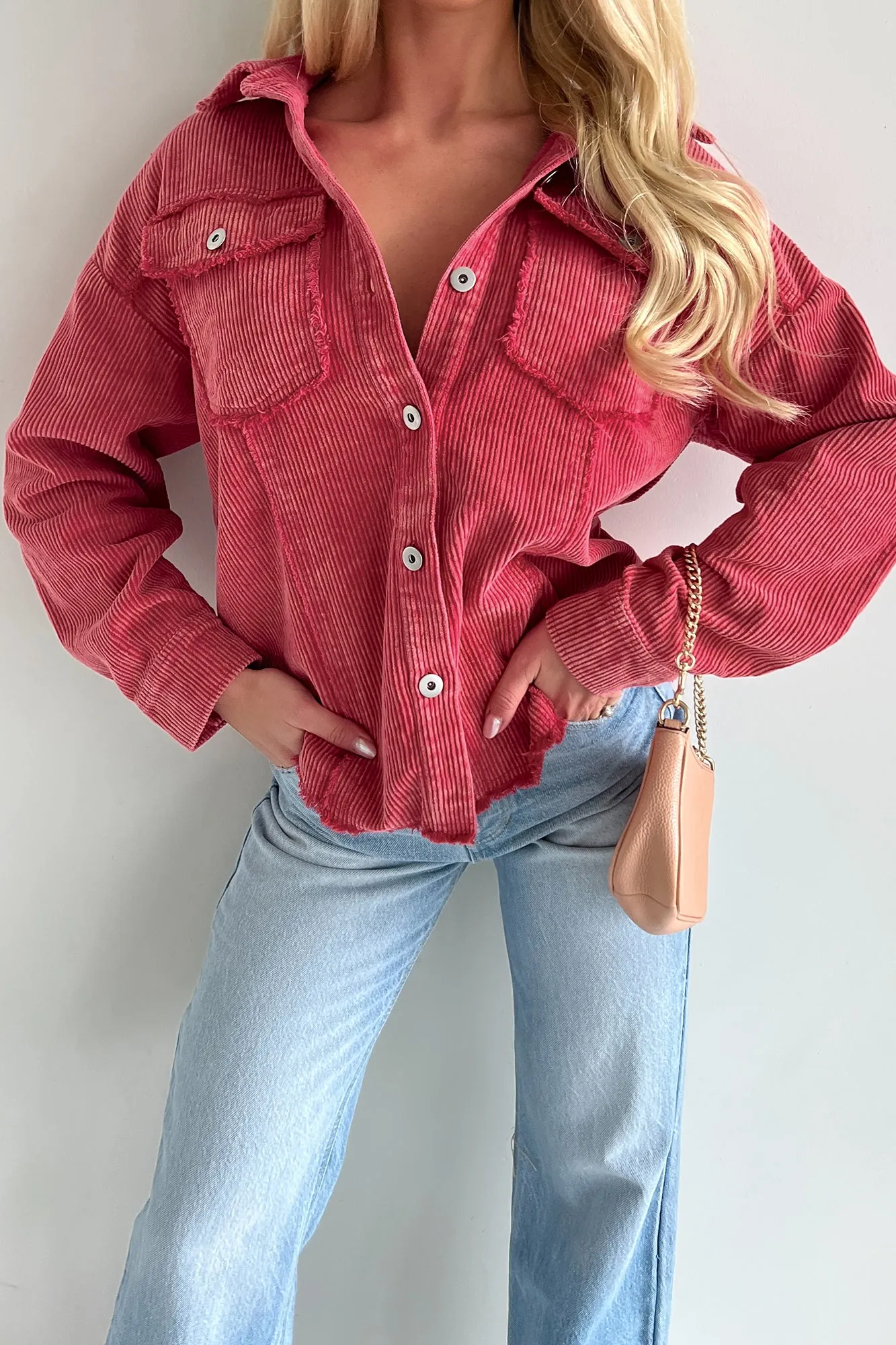 Won't Wait Around Washed Corduroy Shacket (Hot Pink)