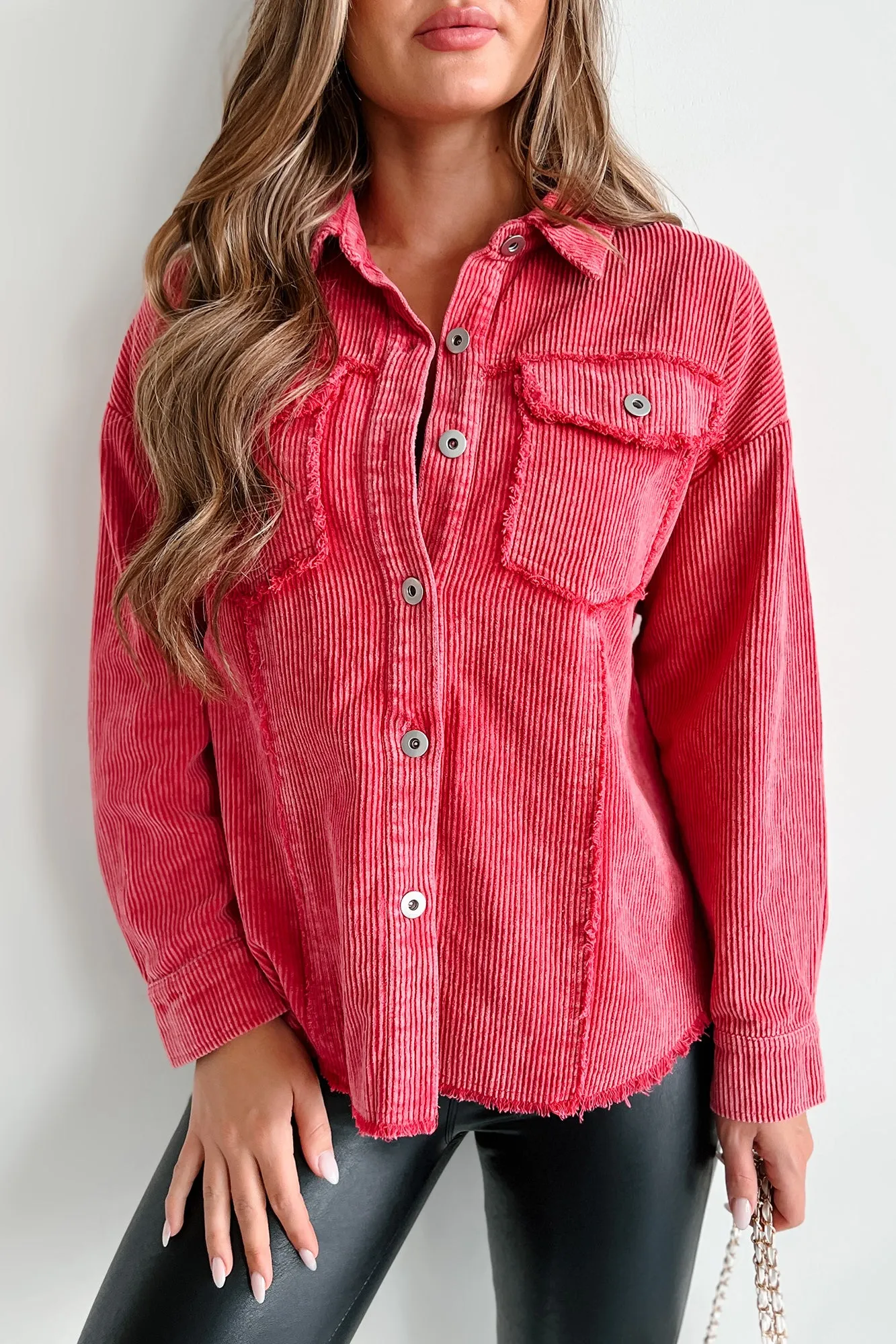 Won't Wait Around Washed Corduroy Shacket (Hot Pink)