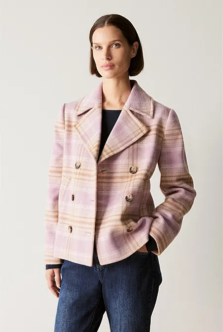 Wool Blend Yarn Dyed Plaid Peacoat