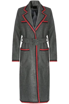 Wool Contrast Trim Belted Grey Overcoat