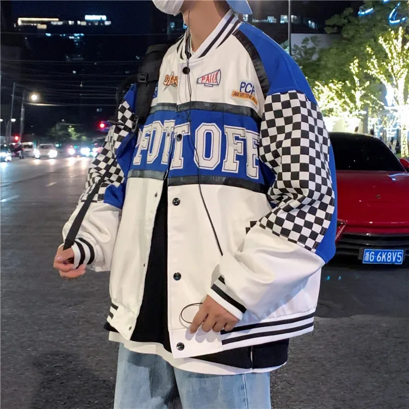 Xituodai American checkerboard baseball suit men's spring and autumn tide brand stitched embroidery motorcycle jacket loose ruff